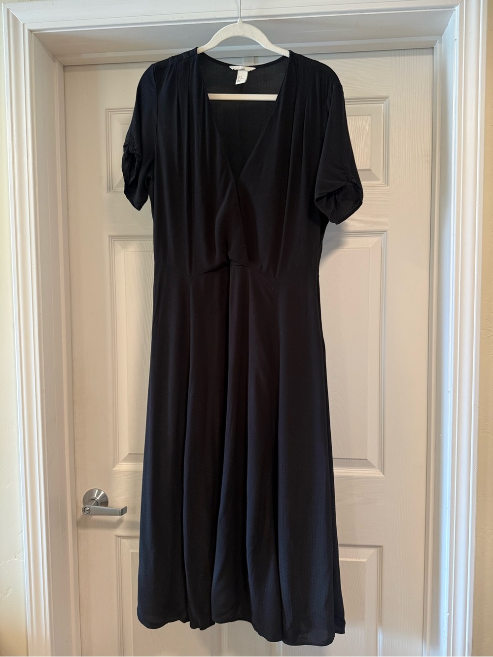 H&M Black V-Neck Midi Dress Tonal Polka Dot - 12